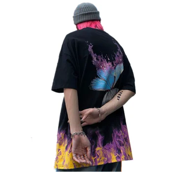 

Women Summer Gothic Letter Tshirt Burning Fire Butterfly Print Oversized T-shirt O Neck Hipster Tee Shirt Top Fashion Streetwear