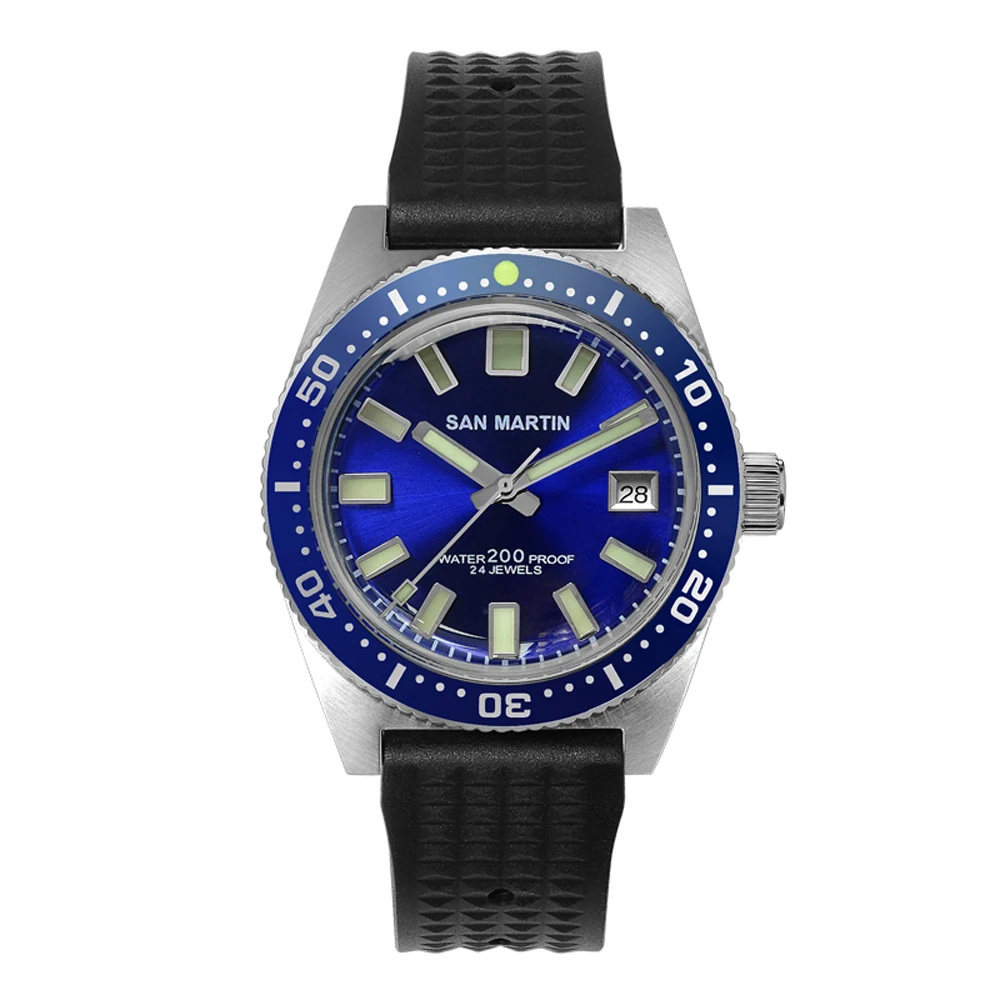 San Martin 62Mas Diver автоматические механические мужские часы NH35 нержавеющая сталь керамический ободок солнцезащитный Циферблат резиновый календарь светящийся - Цвет: Blue Mineral glass A