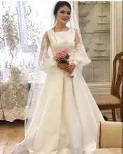 

Wedding Dress Long Sleeve Satin Puff Sleeve A-Line White O-Neck Court Train Bridal Gowns Graceful Custom Made Women Brides