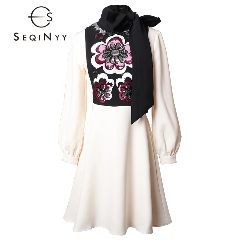 

SEQINYY Casual Dress 2020 Spring Autumn New Fashion Design Women Long Sleeve Sequins Flowers High Quality Mini A-line Dress