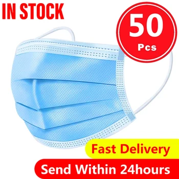 

50PCS Mask Disposable Nonwoven Meltblown 3 Layer Ply Filter Mask Mouth Face Mask Filter Safe Breathable Protective Masks