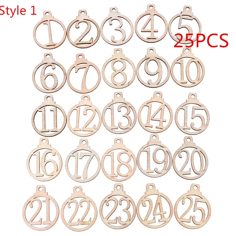 Style 1 25/10 шт 1-25 деревянный Рождественский календарь Подарочная цифра теги вечерние комплекса предпусковых операций метки Рождественская Снежинка дерево ломтик украшения - Цвет: Style 1