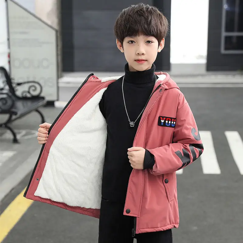 fleece red Детская теплая куртка на молнии с капюшоном для мальчиков; вельветовый плотный теплый зимний детский плащ; Осенняя длинная парка для мальчиков-подростков; верхняя одежда - Цвет: fleece red