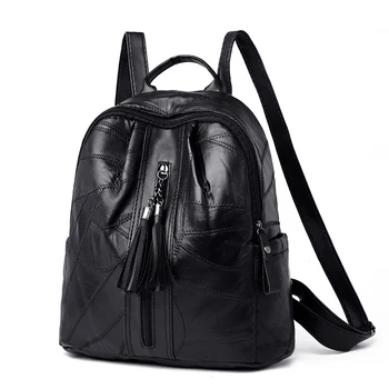 

Portable Women PU Leather Backpack School Book Bag Packs High Qualilty Tassel Sheep Skin Cell Phone Packet Ladies Black Dropship