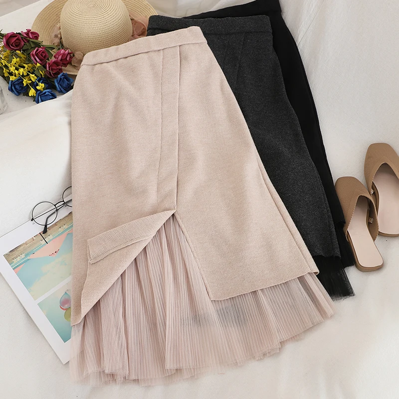 Осенняя и зимняя Однотонная юбка с высокой талией из сетчатой ткани, прошитая юбка, Студенческая Корейская юбка трапециевидной формы, OL