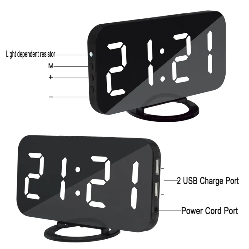  Digital LED Alarm Clock Mirror Clock Snooze Display Time Night Led Table Desk 2 USB Charge Ports fo