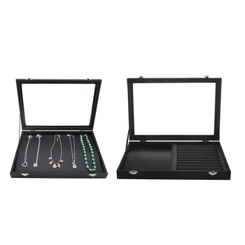 

2 Pcs Big PU Black Carrying Case with Glass Cover Jewelry Display Box Neck BoxNeck Box & Horizontal Bar+Necklace Box