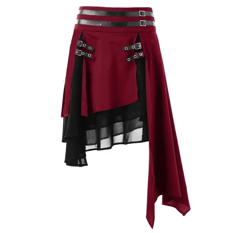 

Dark Goth Harajuku Asymmetrical Black Skirt Women Patchwork Hip Hop Mini Skirt Hipster Motorcycle Punk Rock Red Streetwear 3XL