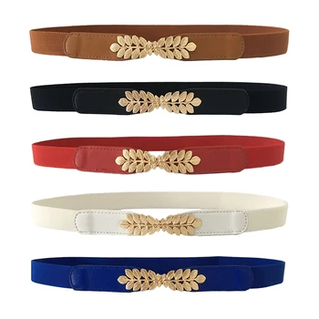 

High elasticity fabric belts for women dresses gold Leaves metal buckle belts female belts women fashion 2019 hot elastic belts