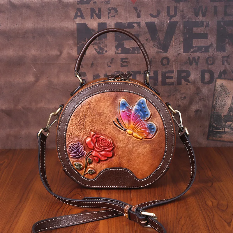

Layer Cowhide Butterflies In Love With Flowers Manual Wipe Color Single Shoulder Span Package Genuine Leather Woman Package
