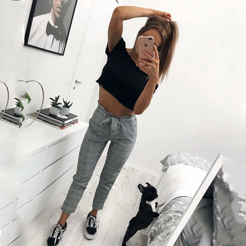 

Casual Plaid Long Trousers Women Hot Bandage Drawstring High Waist Women's Pencil Pants Loose Party Club Pant Female