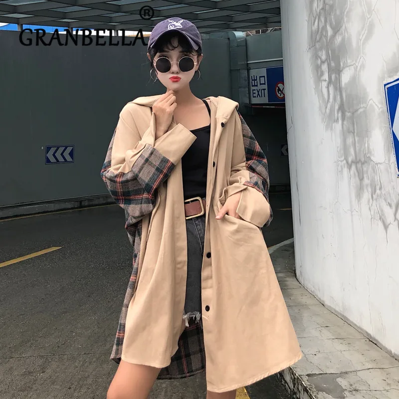 

2019 Patchwork Long Leisure Women Trench Coat Back Plaid Hooded Loose Warm College Style Windbreaker With Pockets