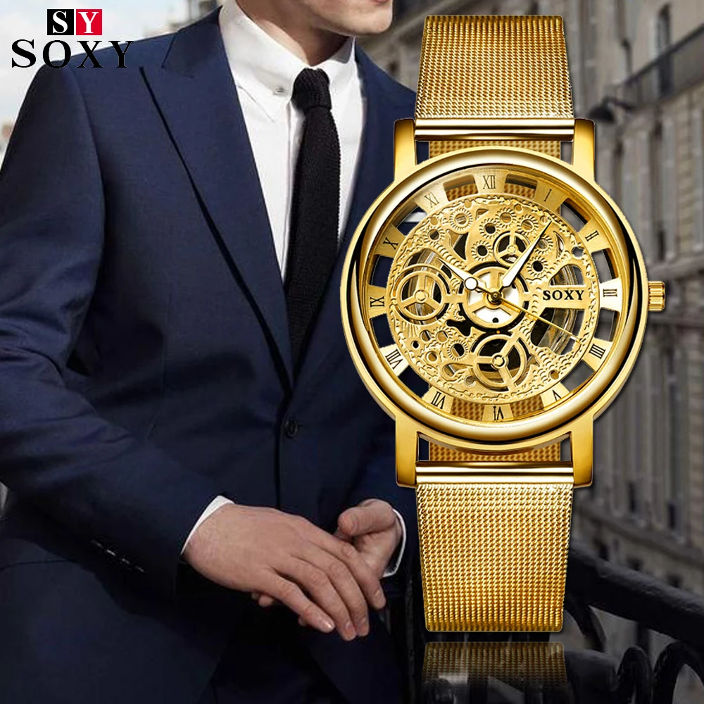SOXY Роскошные мужские часы-скелетоны Бизнес наручные часы модные Montre Homme золотые наручные часы мужские стальные сетчатые мужские часы