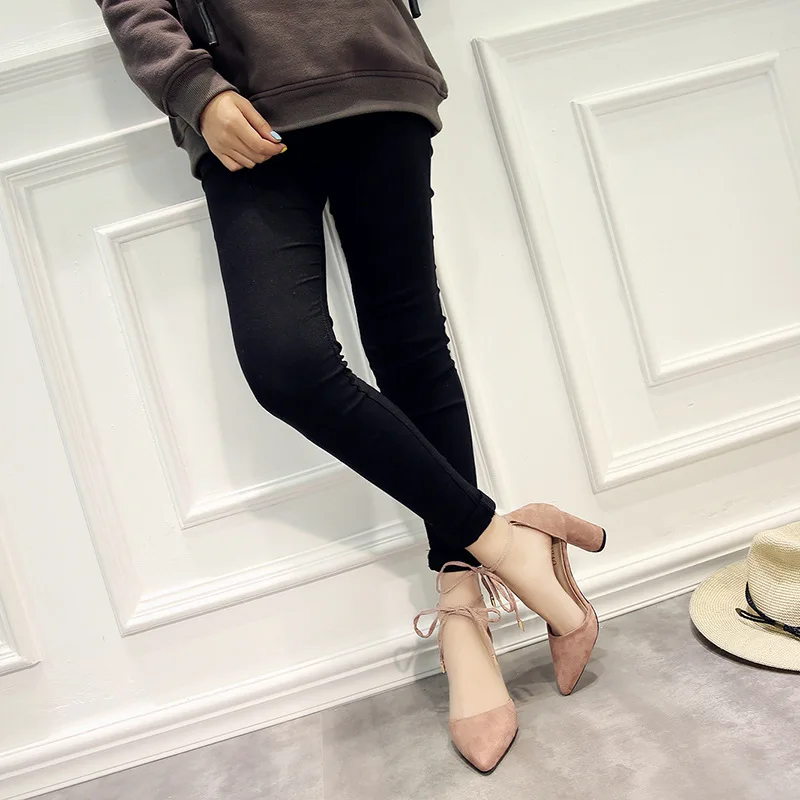 Г., новая весенняя обувь на высоком толстом каблуке из черной замши для работы Модные женские босоножки с острым носком в Корейском стиле