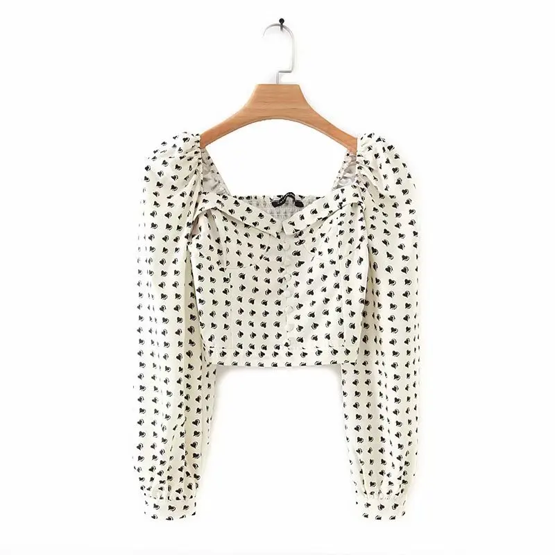 C61 long sleeve 1370 Женская футболка с пуговицами в центре, винтажная эластичная футболка, повседневная женская футболка с принтом черного сердца, женский укороченный топ - Цвет: C61 long sleeve 1370