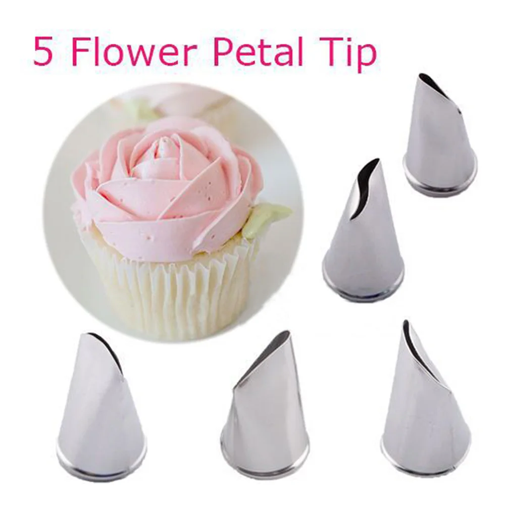 5 pcs Rose Petal Metal Cream Tips Cake Decorating Tools Steel Icing Piping Nozzles Cake Cream Decorating Cupcake Pastry Tool