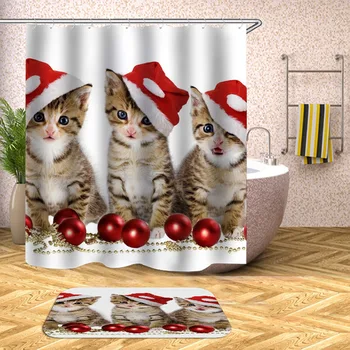 

New Year Shower Curtain Cat Dog Christmas Hat Waterproof Bath Curtains Bathroom For Bathtub Bathing Cover Large Wide 12pcs Hooks