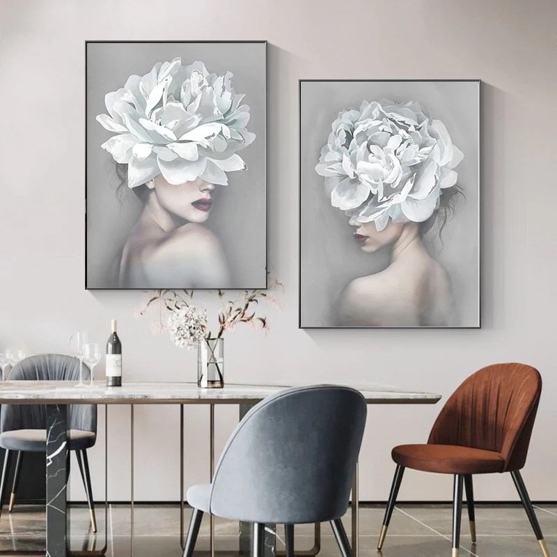 

White Flower Girl Posters Prints Nordic Figure Canvas Painting Girls Wall Art Flower Pictures Living Room Bedroom Home Decor