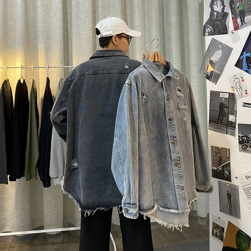 

Hole Denim Jacket Men's Fashion Washed Solid Color Casual Retro Denim Jacket Man Streetwear Wild Loose Hip Hop Bomber Jacket