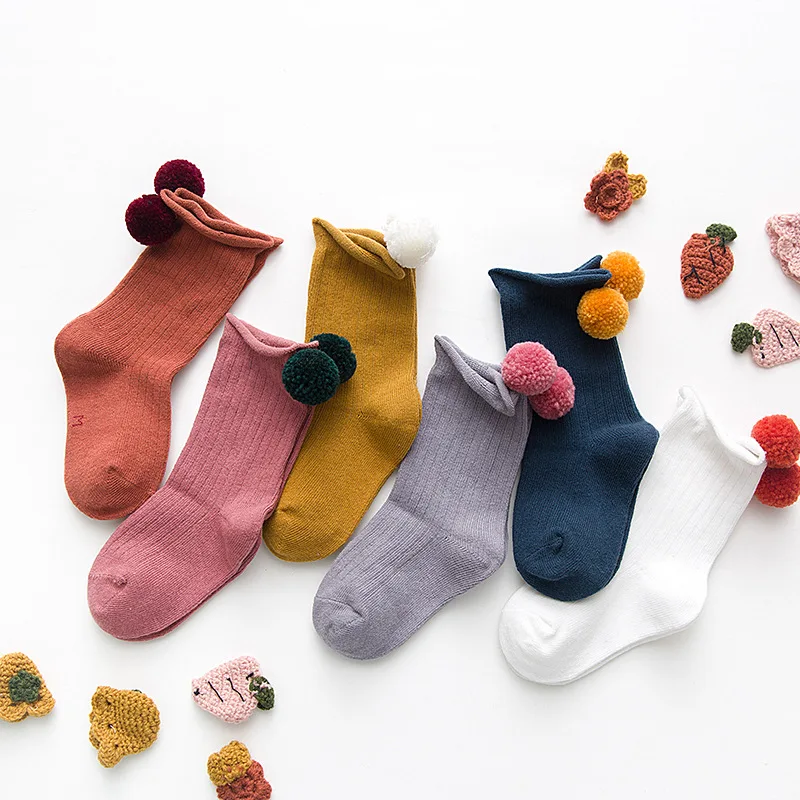 

Children's Socks Autumn And Winter New Style Cotton Fashion Small Furry Ball CHILDREN'S Socks Candy Color Crimping Relent Baby S