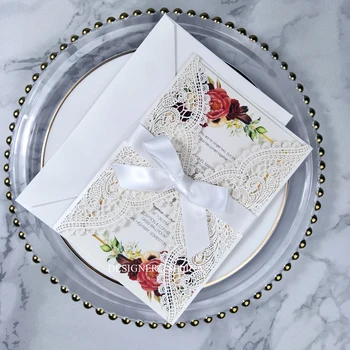 

20+Color Lace Wedding Invitation Laser Cut Invitations with Ribbon for Quinceanera Dinner Party Invites with Envelope