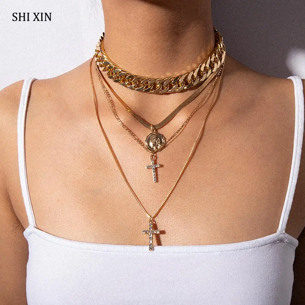 

SHIXIN Punk Layered Chunky Necklaces for Women Fashion Cross Pendant Necklaces Statement Cuban Link Chain Decoration on the Neck
