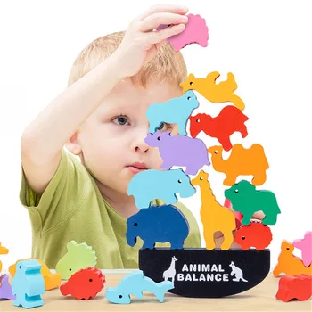 Bloque de equilibrio de animales de madera Montessori para niños, juguete de juegos de mesa, Bloques de construcción edu