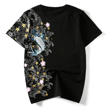 

Summer Japanese Chao Brand Chinese style Cyprinus Carpio National style embroidery Personality loose large size short sleeve