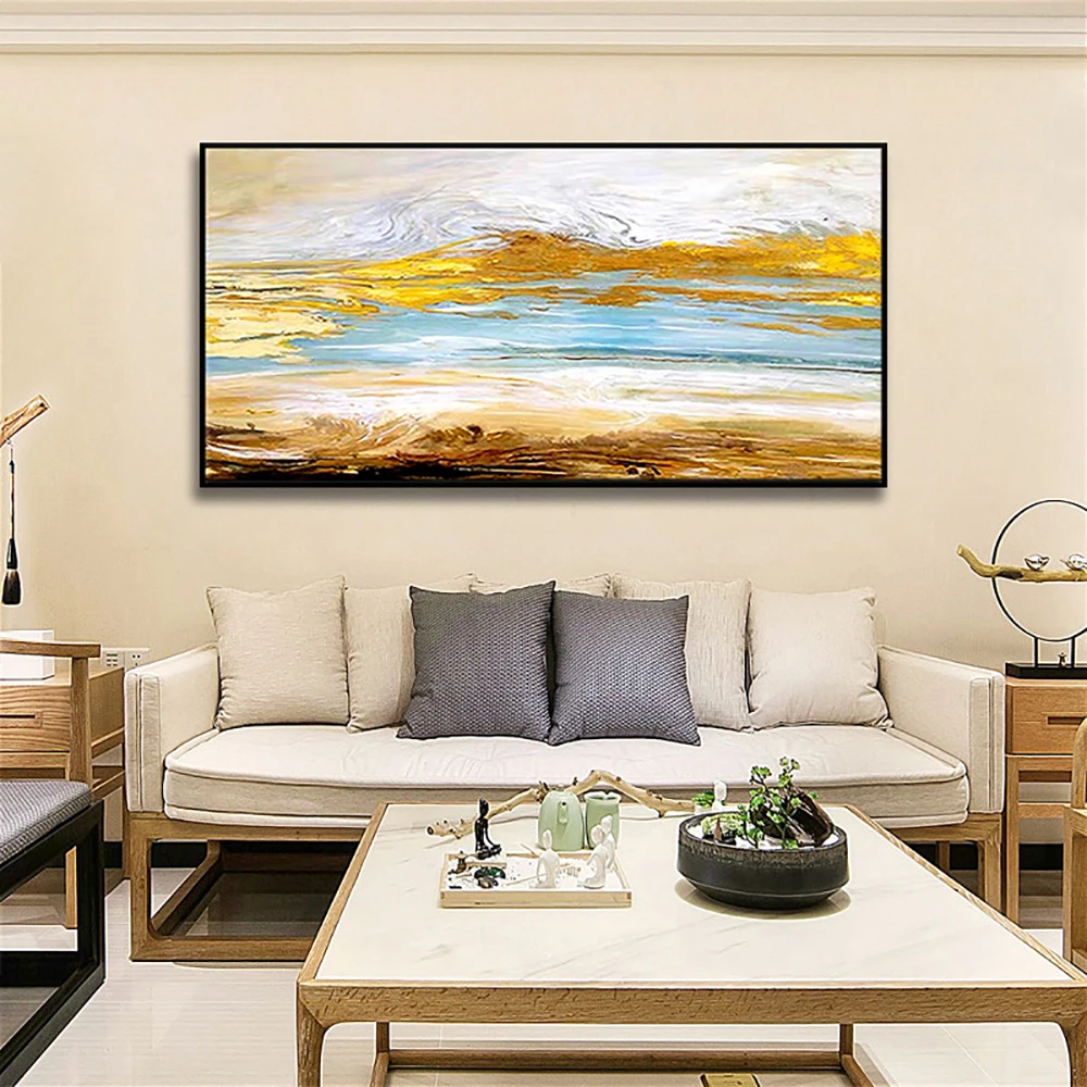 Современная Абстрактная роспись ручная картина маслом Золотой пляж облака