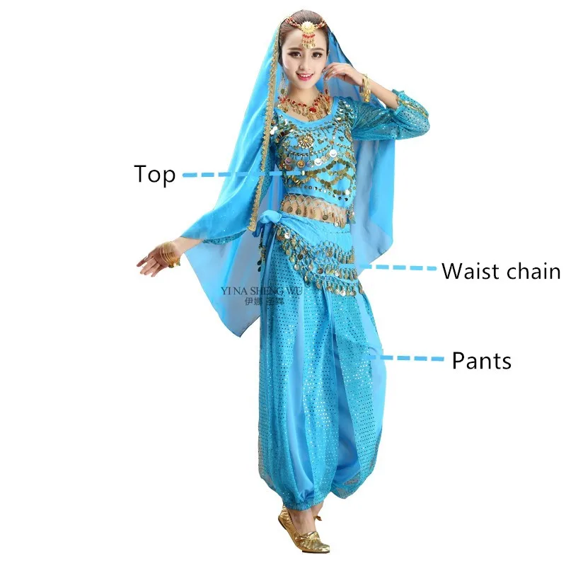Lake blue 3pcs Women Belly Dance professional Indian Oriental bellydance Bollywood costume set costumes ladies Sari Dancing Performance Stage - Цвет: Lake blue 3pcs