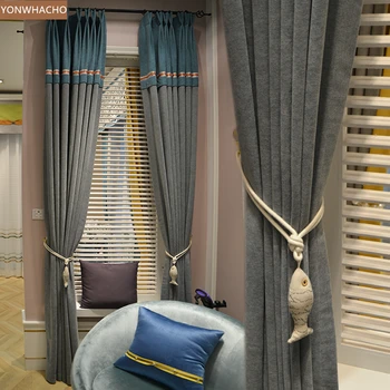 

Custom curtains luxury Nordic modern living room balcony floor window thick grey cloth blackout curtain tulle drape B666