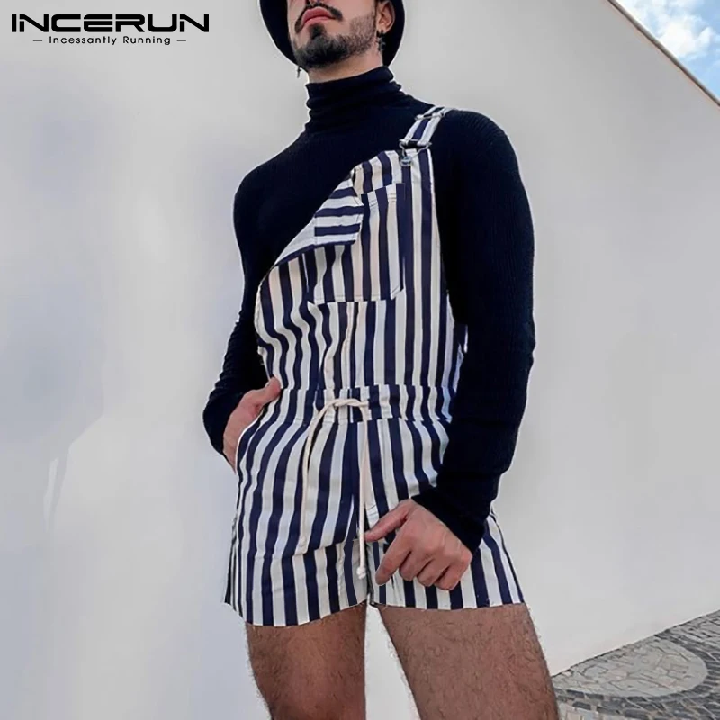 INCERUN de los hombres de la moda Pantalones a rayas mono con tirantes y bolsillos monos babero verano Streetwear 2021 casuales de los hombres de mujer S-5XL