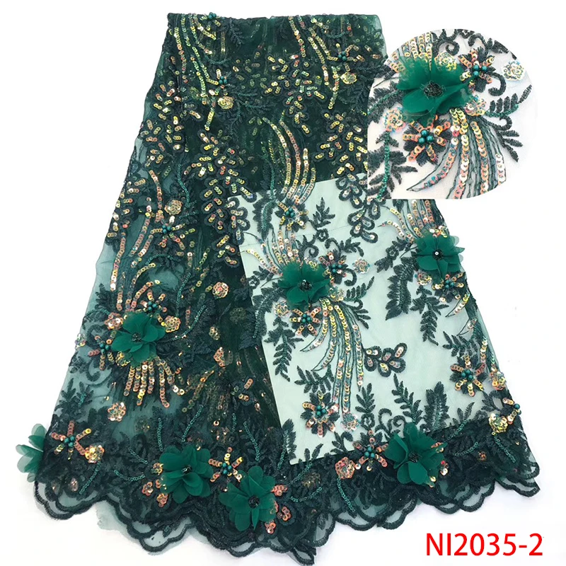 

Green Sequins Lace Fabrics with Beads Nigerian Tulle Mesh Lace Fabric Fashion African 3D Lace Fabric for Wedding Party NI2035