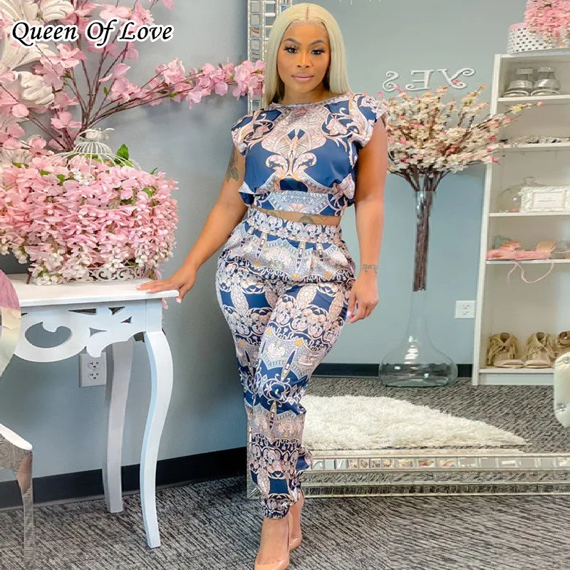 Summer Pant Set For Women 2021 New Streetwear Runway Vintage Print Casual 2 Piece Crop Top And Pants Matching |