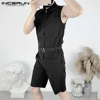 

Summer Fashion Men Overalls Sleeveless Jumpsuit 2020 Solid Multi-Pockets Streetwear Rompers Punk Mens Trousers With Belt INCERUN