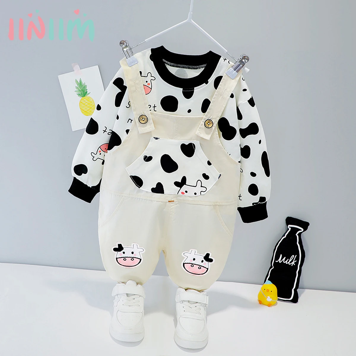 

6M-4T Newborn Infant Baby Girls Outfit Long Sleeve Cow Print T-Shirt Tops +Bib Suspender Strap Pants Cow Children's Clothing set