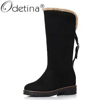 

Odetina Women Fashion Winter Buckle Slip On Non-slip Mid Calf Boots Lady Faux Suede Block Low Heel Platform Round Toe Snow Boots