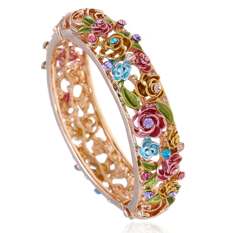 

Sangsy New Hot Cuff Bracelets for Women Cloisonne Cuff Bangle Hollow Out Flower Argent Pulseiras
