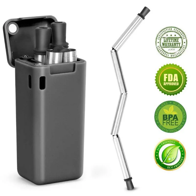 

Metal Collapsible Straw Reusable Stainless Steel Straws Portable Folding Silicone Straw FDA Certification Kitchen Bar Accessorie