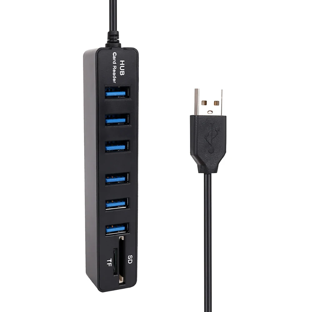 6 портов USB концентратор 2,0 480 Мбит/с высокоскоростной разветвитель TF SD кард-ридер все в одном для ПК Компьютерные аксессуары USB 2,0 концентратор USB - Color: Black