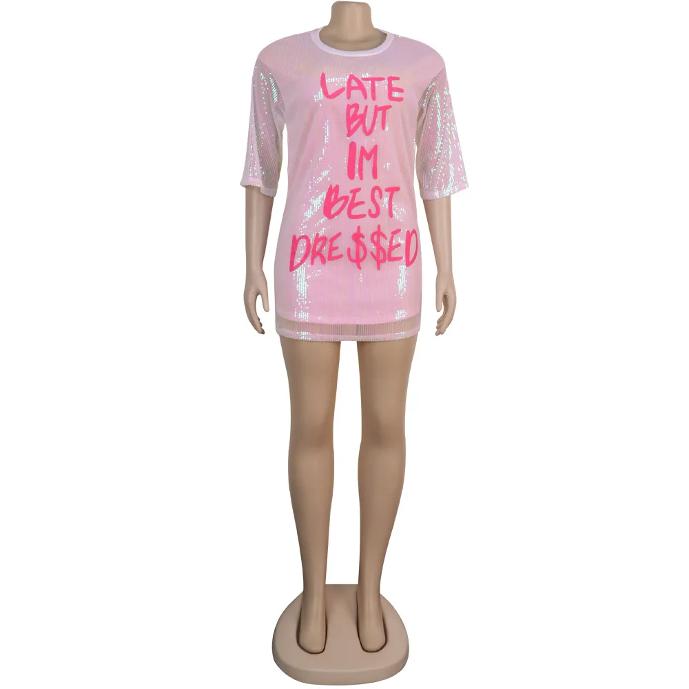 Vestido de Festa Letras Lantejoulas Emendadas Sexy Vestido Camiseta Feminina Gola Redonda Manga Três Quartos Curto Alta Rua Feminino Clube Solto 19 Moda Feminina