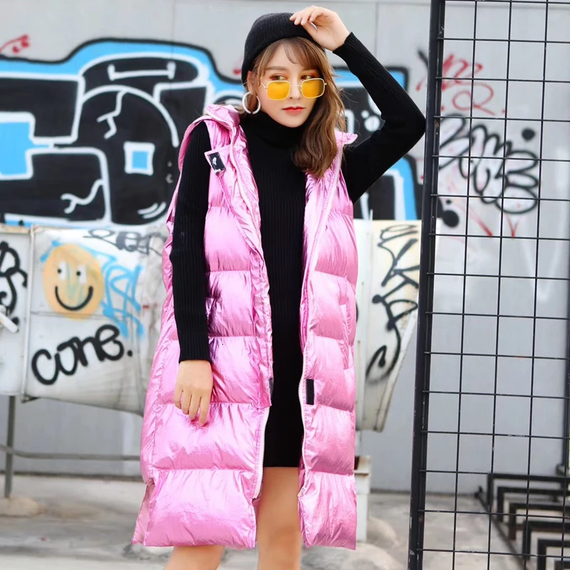 Goedkoop Zilver Vrouwen Gewatteerd Jas 2019 Winter Vrouwen Pink Panther Vest Parka Jas Vrouwen Mouwloze Katoen Gewatteerde Jas Hooded ZQY1992