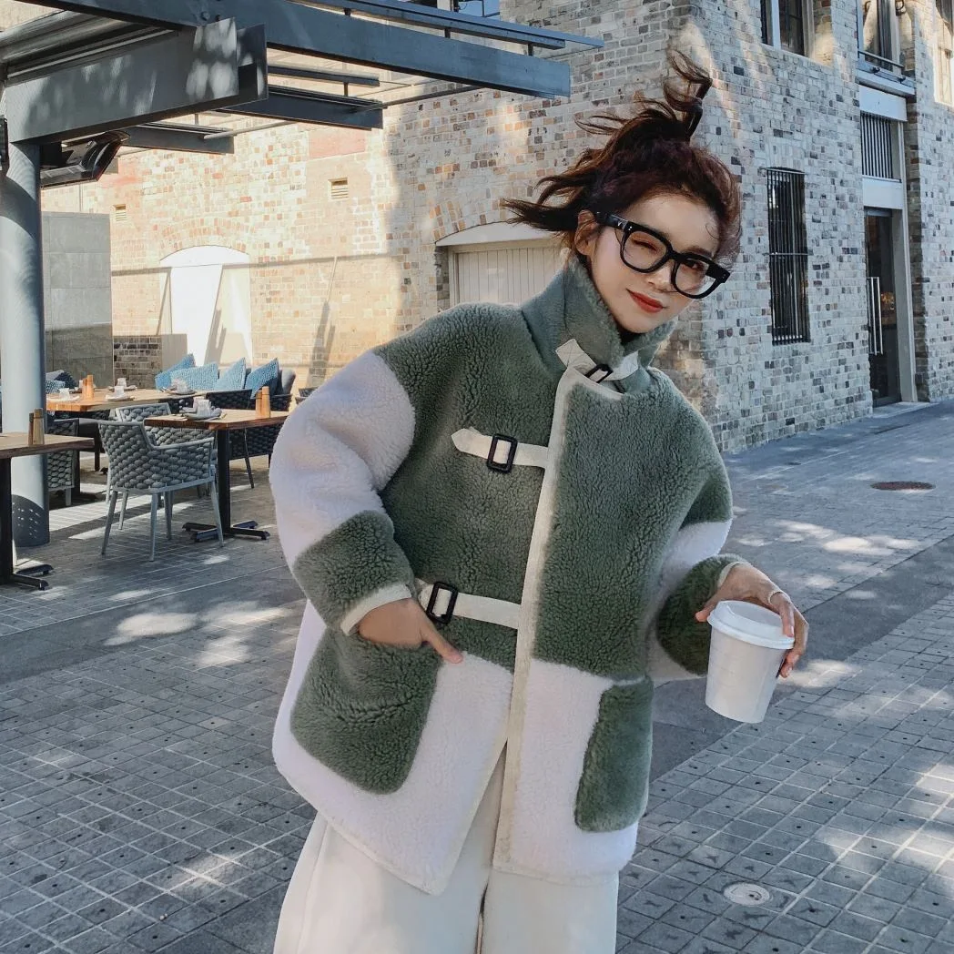 

Photo Shoot CHIC Sweet Faux Leather Grass Green Contrast Color Handsome Stand Collar Single Breasted Lambs Wool Woolen Cloth Bik