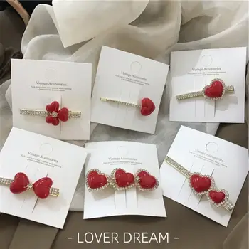 

INS Trendy Red Big Small Love Heart Shaped Hair Pins Crystal Rhinestone Hair Clips Red Flower Barrettes Women Hair Accessories