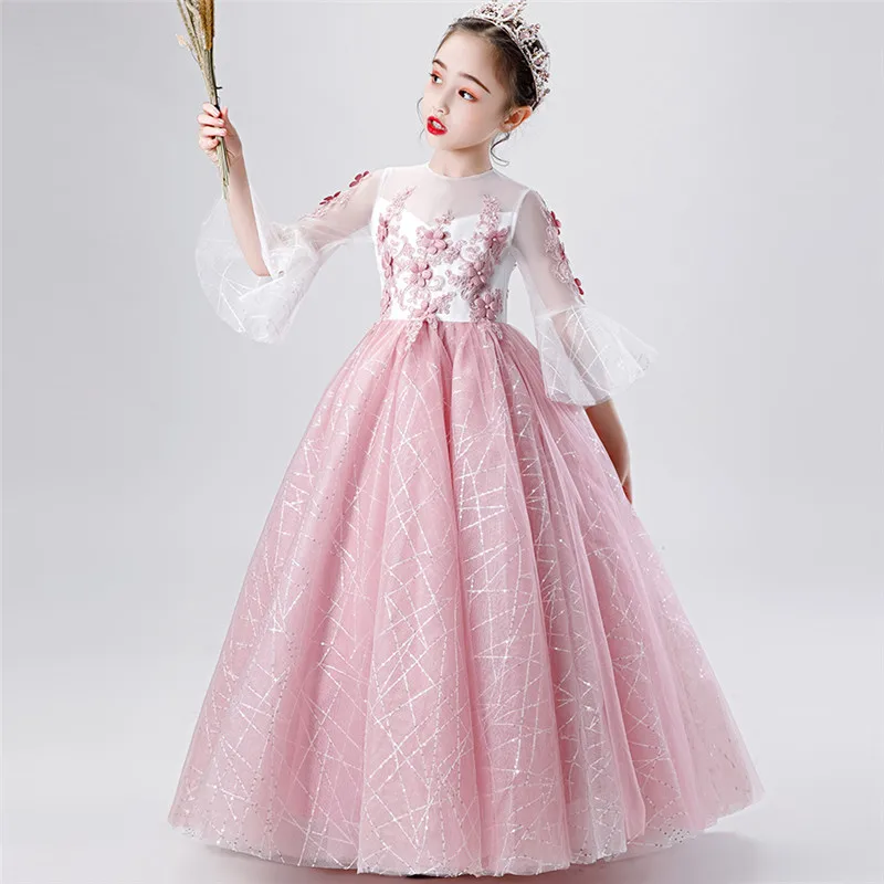 as pic long dress Милое красивое элегантное Сетчатое платье принцессы на день рождения, свадьбу, вечеринку для маленьких девочек; одежда с цветочным рисунком - Цвет: as pic long dress