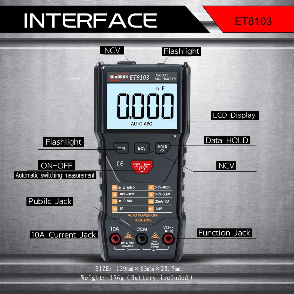 

Winapex Et8103 Lcd Display Portable Auto Measure Multimeter Ac/Dc Voltage new