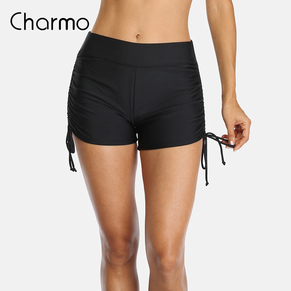 

Женские шорты для плавания Charmo, однотонные плиссированные дизайнерские Танкини с высокой талией и кулиской, нижние бикини