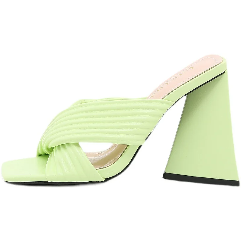 Summer Fashion Women Mules High Heels Slippers Sandals Sexy Square Open-toed Heel High Quality Shoes Cross Belt Women's Slippers