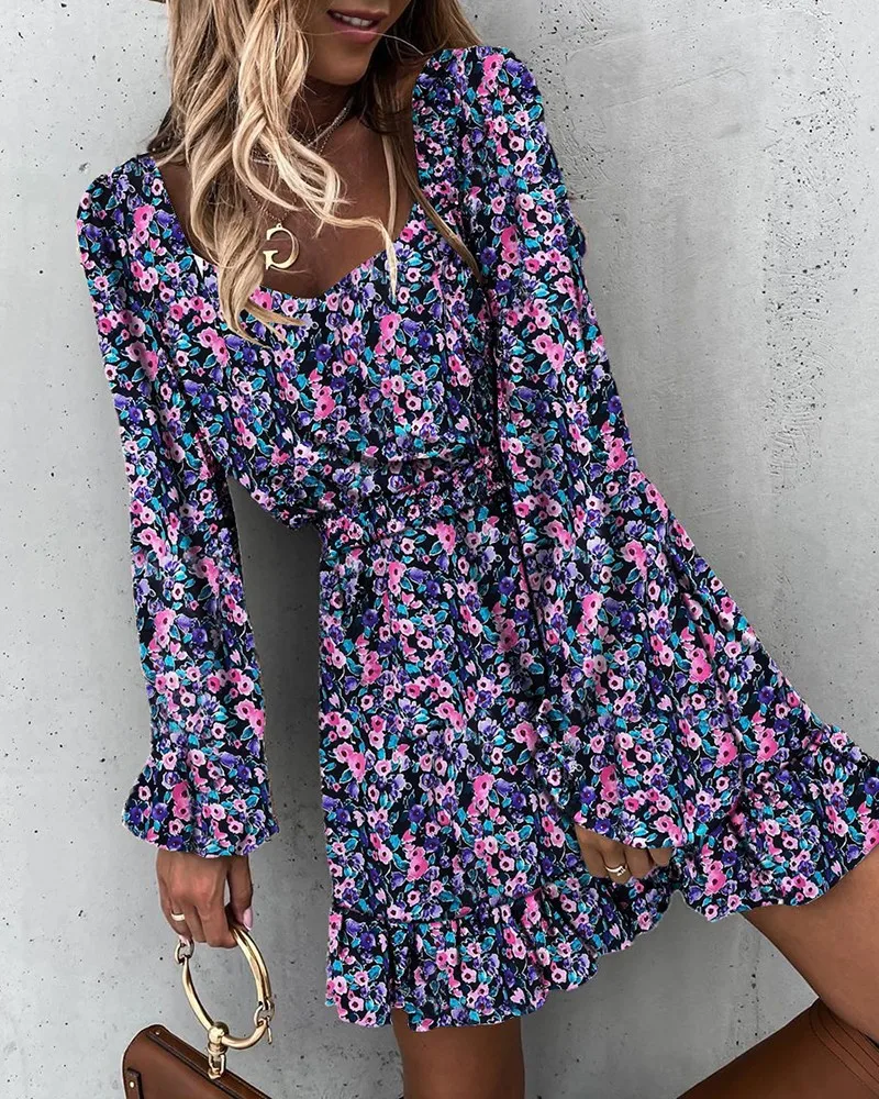 

2020 Winter Long Sleeve Square Collar Floral Dress Women Casual Ruffle A Line Print Dress Slim Female Boho Mini Party Vestidos