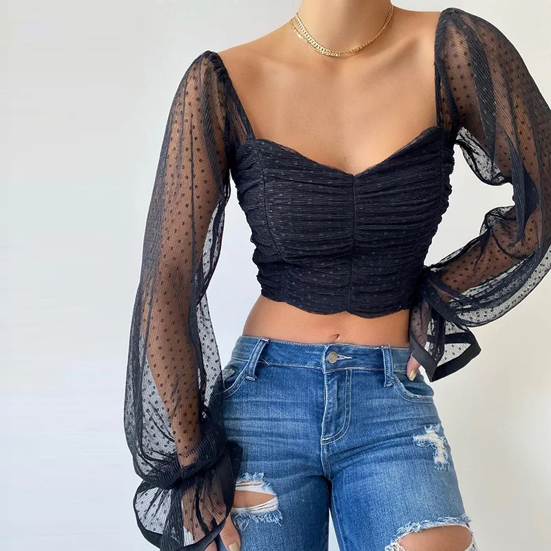 Square Collar Ruched Sexy Blouse Shirts Female See Through Mesh Polka Dot Fashion Long Sleeve Crop Tops Shirt
